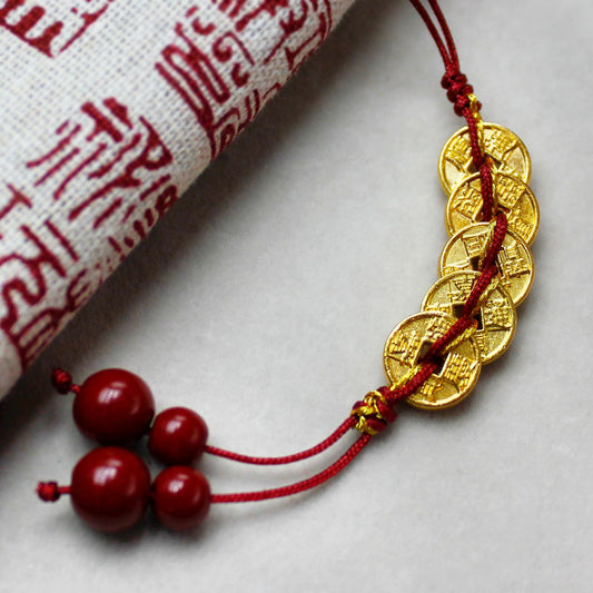 Taoist Feng Shui Five Emperor Coins Keychain | Red Cord Copper Coin Charm for Wealth & Luck | Car & Bag Pendant