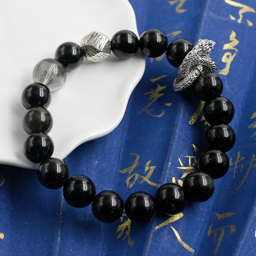 Soaring Dragon Green Phantom & Silver Obsidian Bracelet