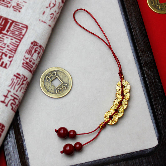 Taoist Feng Shui Five Emperor Coins Keychain | Red Cord Copper Coin Charm for Wealth & Luck | Car & Bag Pendant