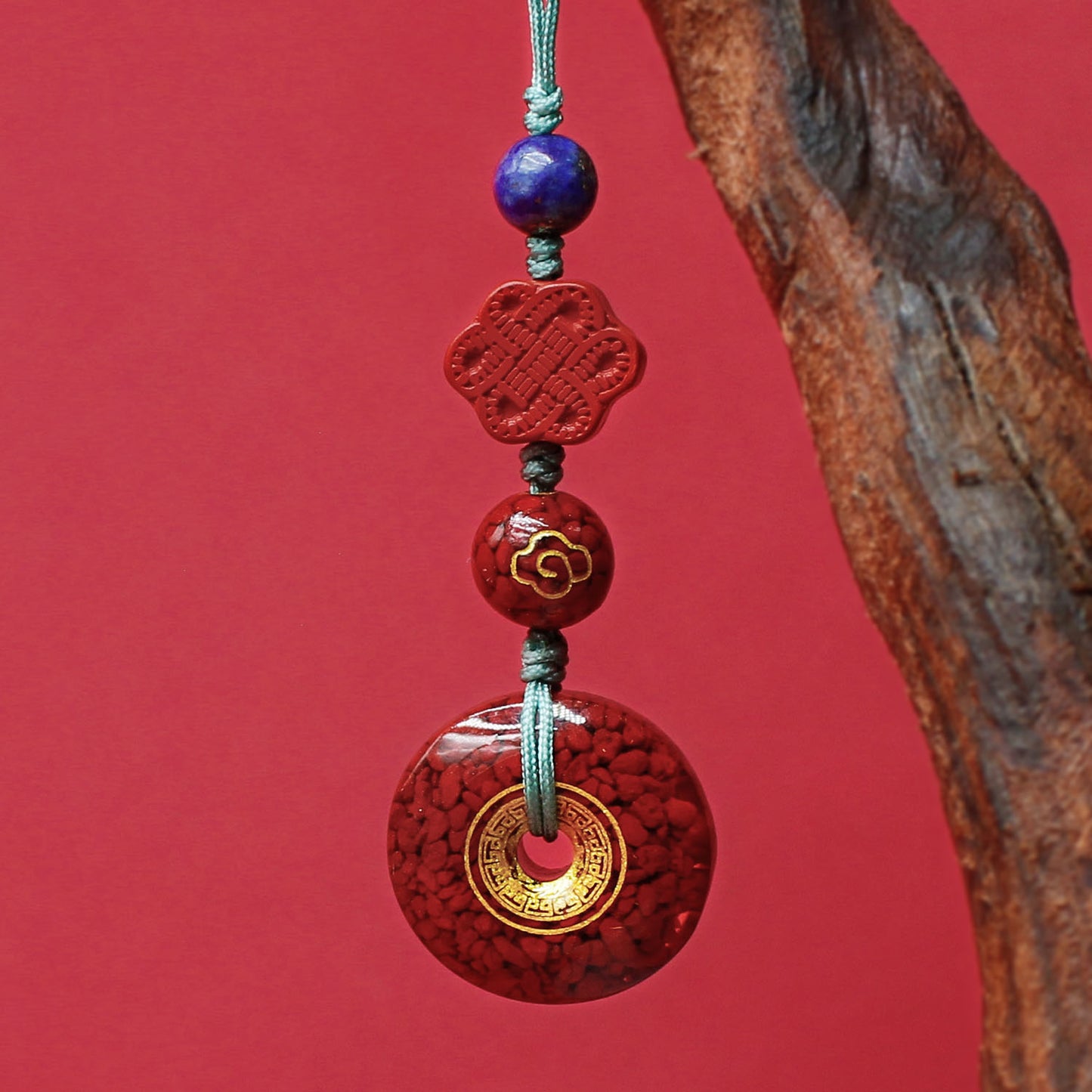 Cinnabar Crystal Peace Buckle Phone Charm — Taoist Protection Amulet for Safety & Good Fortune