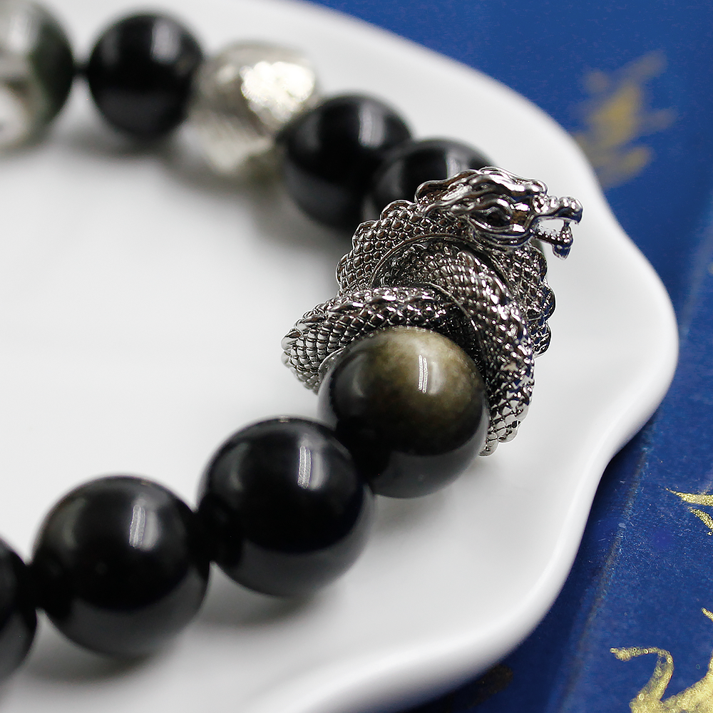 Soaring Dragon Green Phantom & Silver Obsidian Bracelet